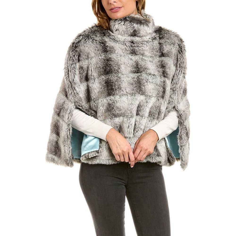 Frances Valentine Gray Faux Fur Poncho with Blue Lining